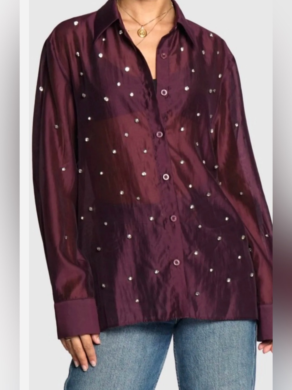 Bailey 44 Top Womens size large all over Rhinestone Button Up Shirt semi sheer